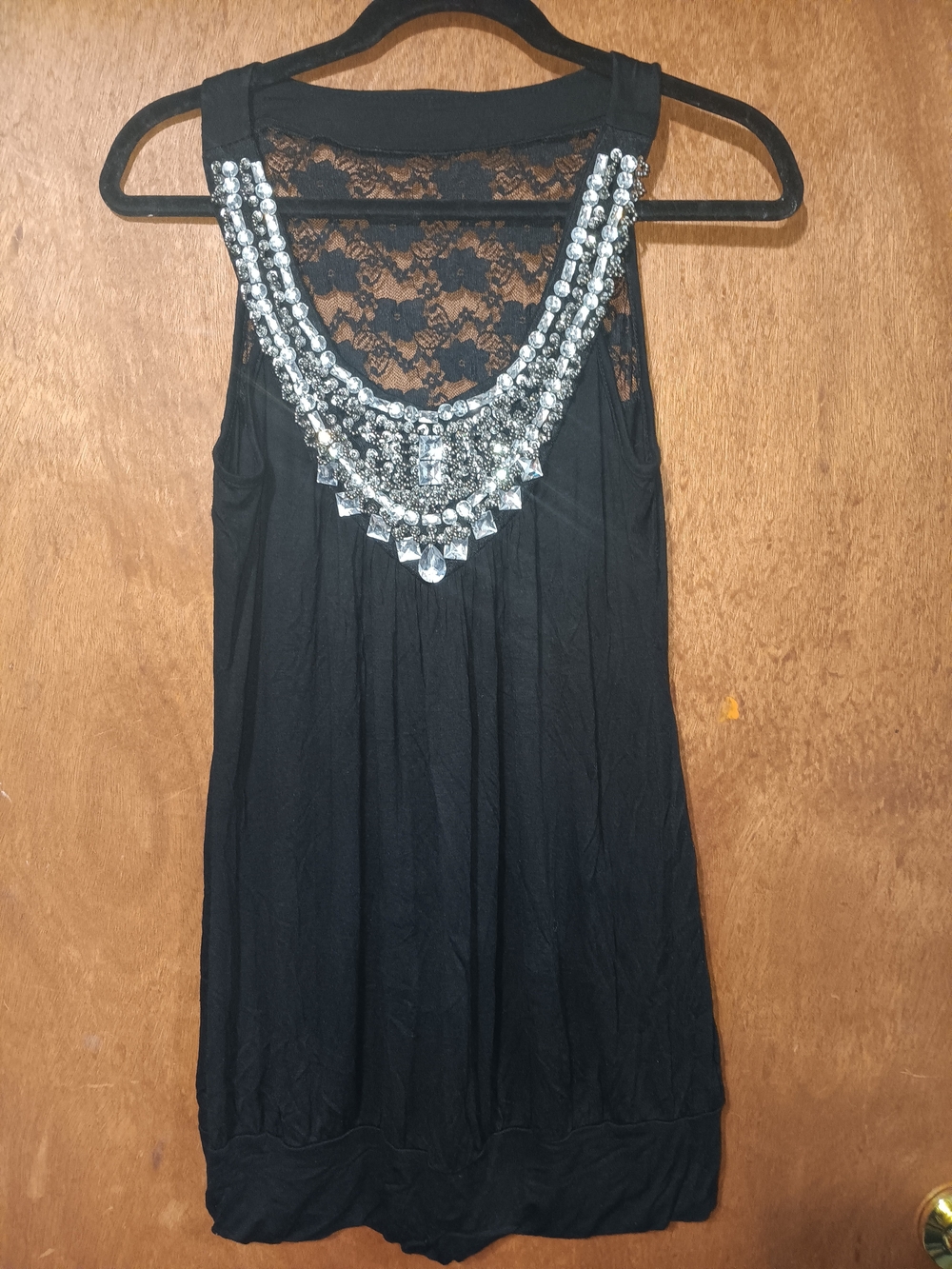 LA TEEZ Black Lace Tank with Crystal Trim